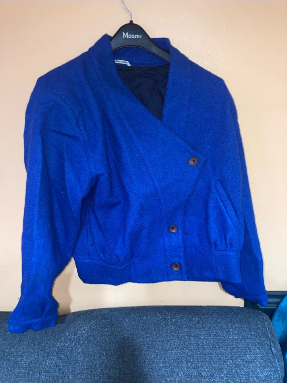 Vintage Women's Blue Cropped Wool Blend Blazer Jacket